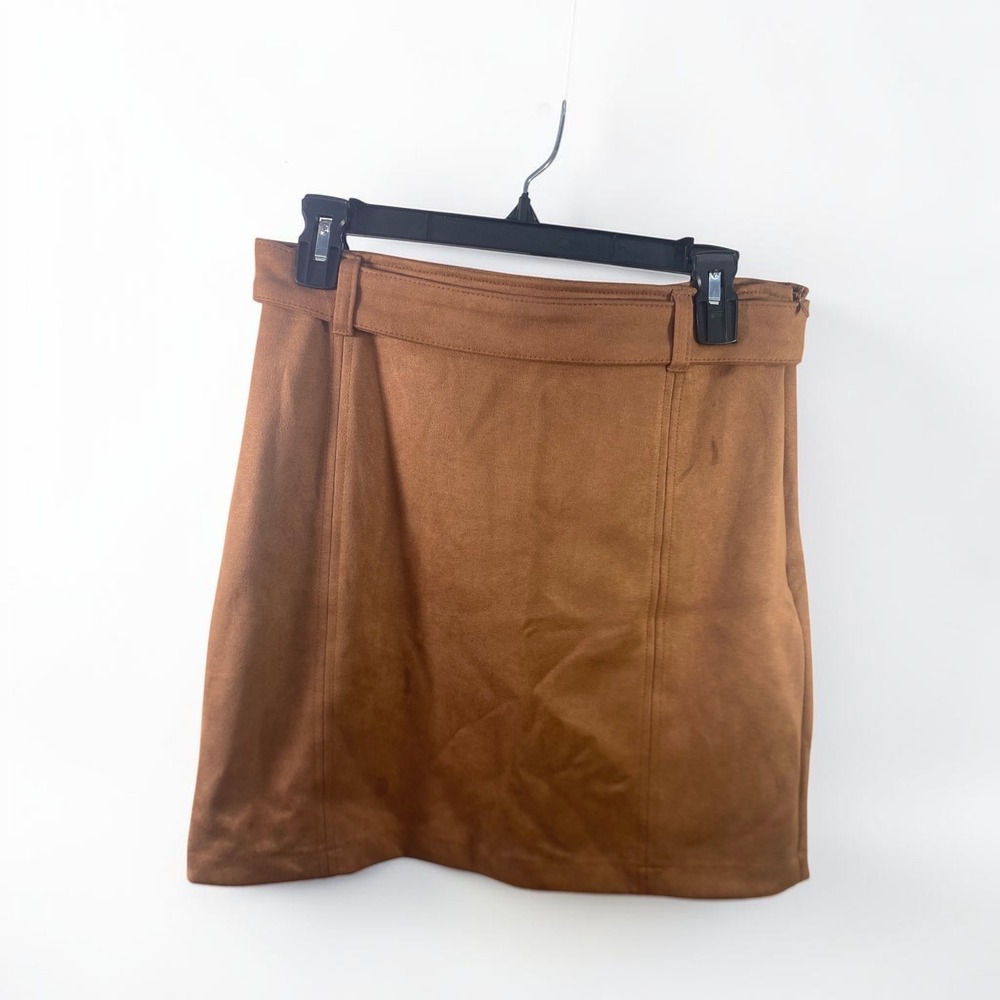 Haute Monde Faux Suede Mini Skirt Brown Camel High Waist Belted Size Large